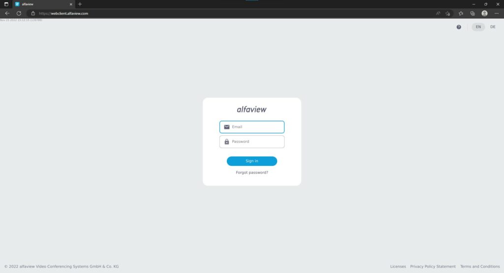 alfaview app landing with login dialog (user name and password)