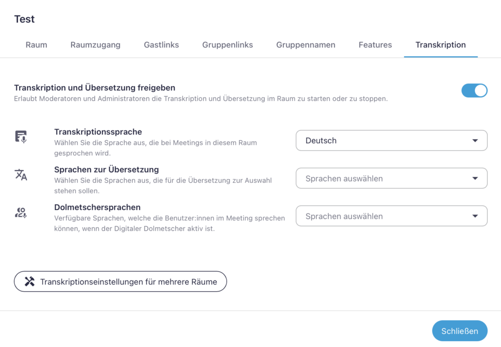 Screenshot der Transkriptionseinstellungen auf der Administrationsoberfläche