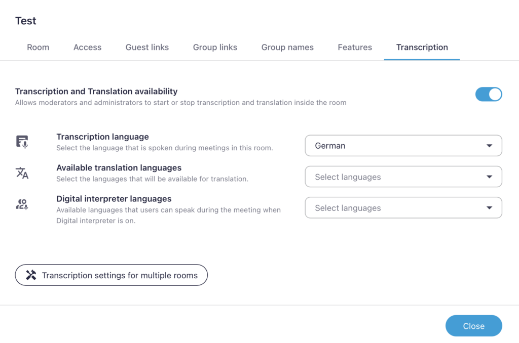 Screenshot of the transcription settings on the administration interface