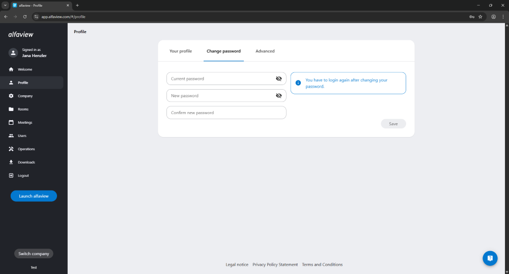 The password can be changed in the user profile.