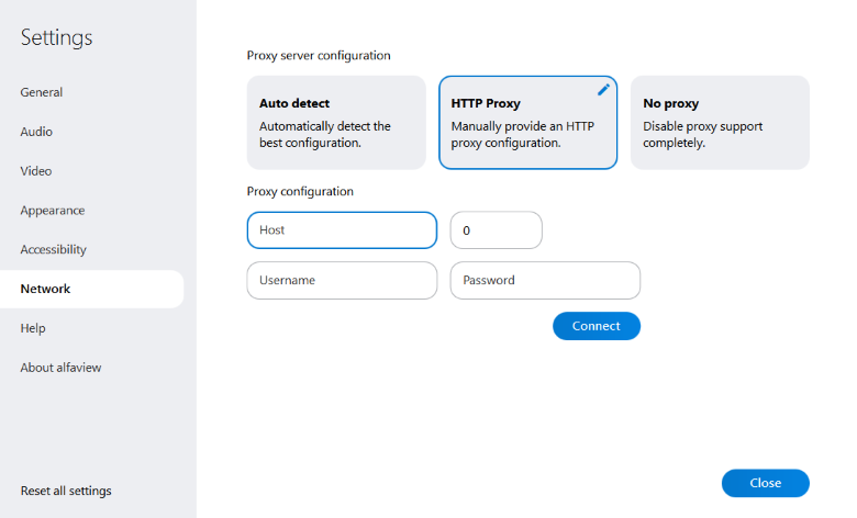 HTTP proxy configuration in the network settings of alfaview.