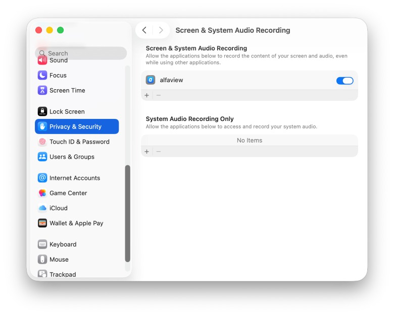 Settings for screen sharing on macOS.