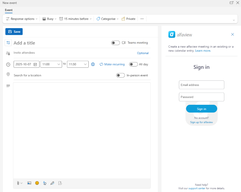 The first login with the Outlook add-in from alfaview.