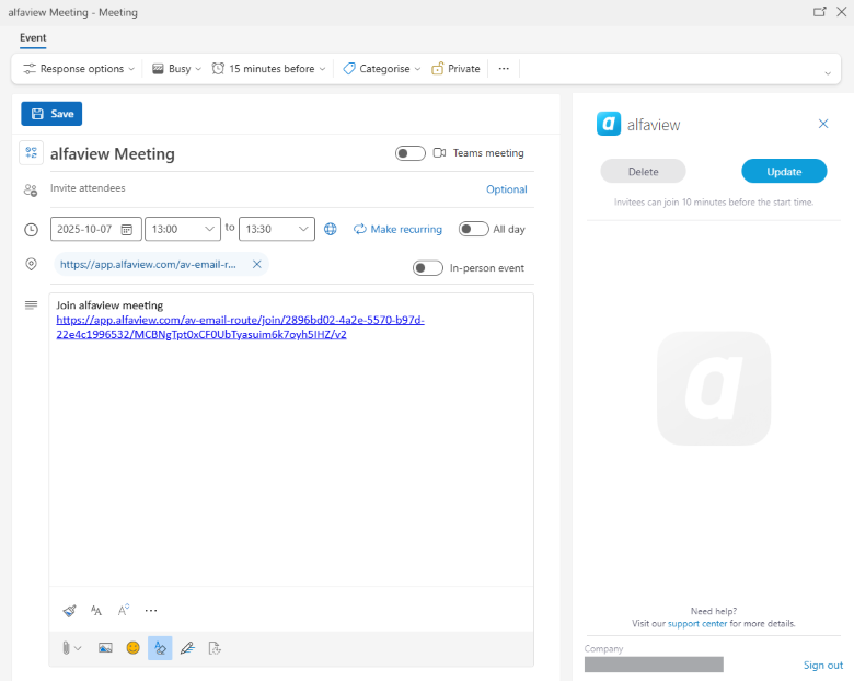 Edit and delete a meeting using the Outlook add-in.
