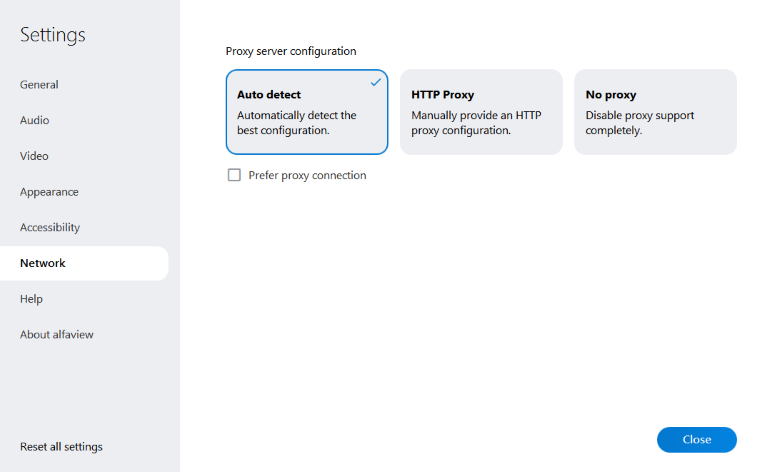 Automatic proxy configuration in the network settings of alfaview.