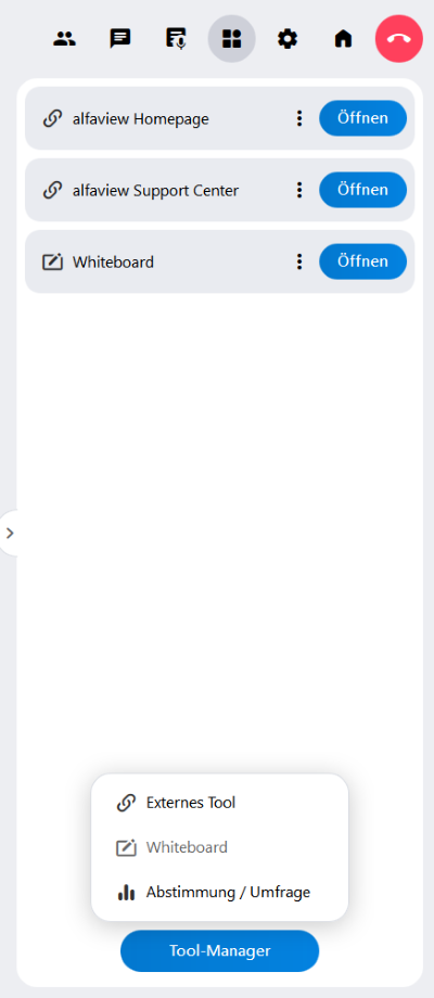 Die geöffnete Toolbox. Hier können Sie Links zu externen Websites hinterlegen, das Whiteboard oder auch Abstimmungen und Sternebewertungen.