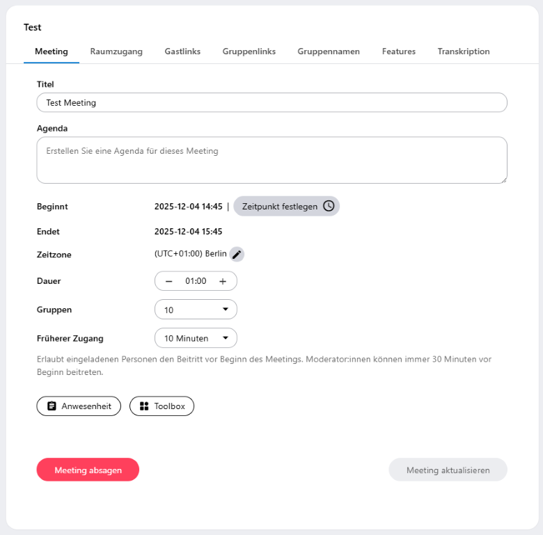 In der Bearbeitungsmaske von Meetings kann das Meeting auch abgesagt werden. Dafür gibt es einen roten Button unten links in der Maske.