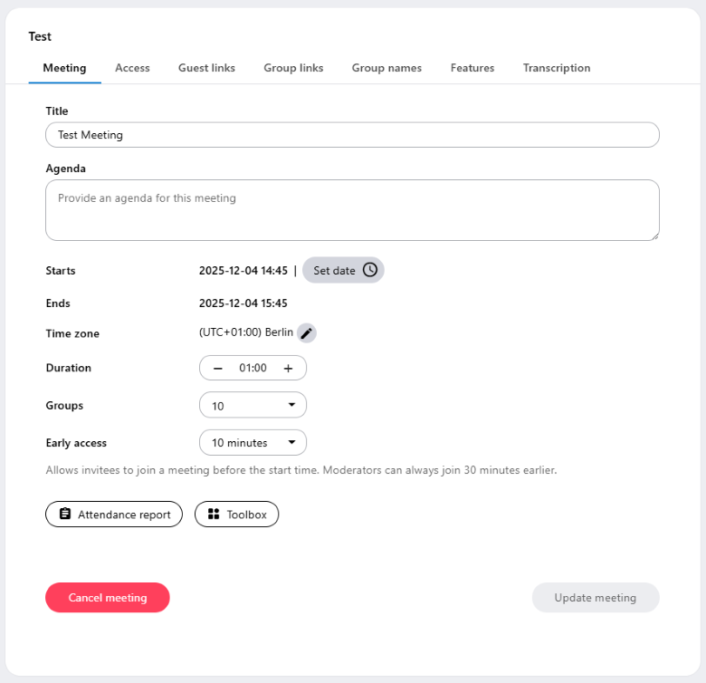 The meeting can also be canceled in the meeting editing screen. There is a red button at the bottom left of the screen for this purpose.