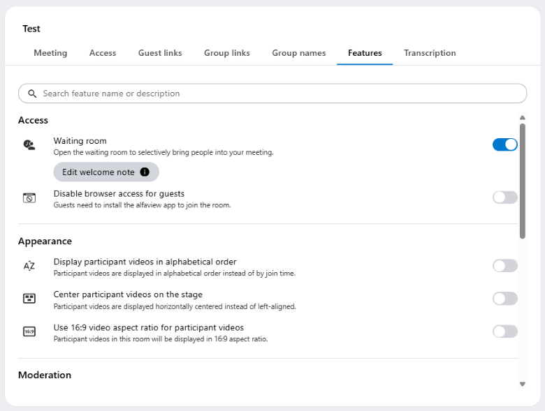 The features can be enabled and disabled in the Features tab when editing meetings.