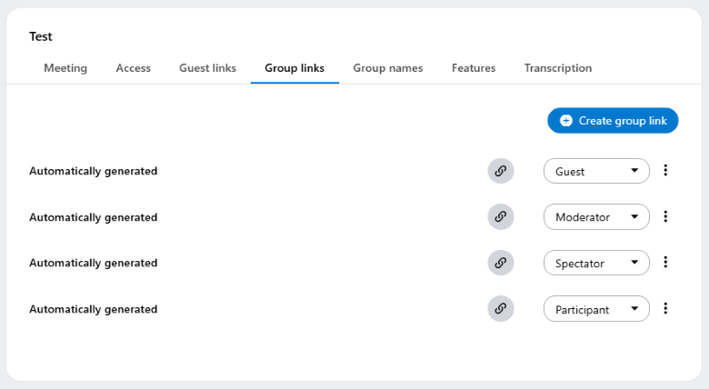 Screenshot of the automatically generated group links in an alfaview meeting.