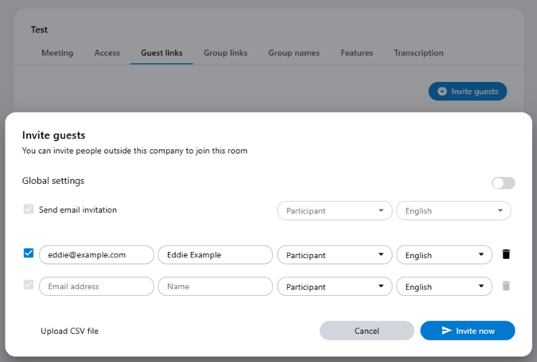 The personalized guest links for the meeting can also be edited later.