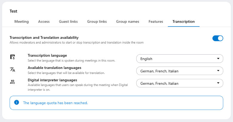 Transcription and translation settings can be edited in the Transcription tab when editing meetings.
