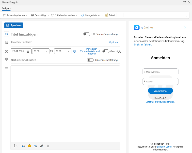 Die erste Anmeldung mit dem Outlook Add-In von alfaview.