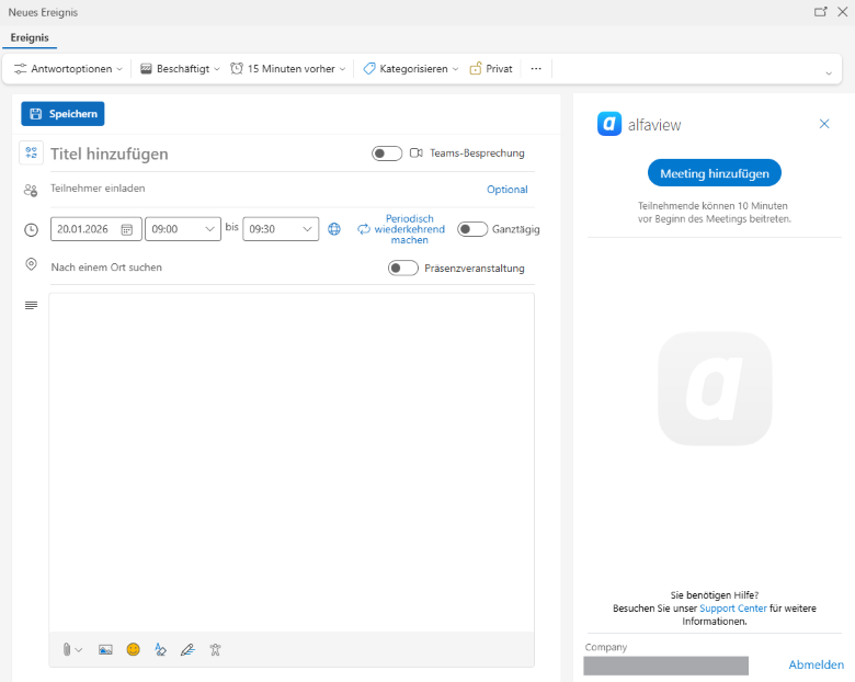 Ein Meeting über das Outlook Add-in erstellen.