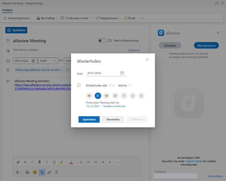 Die Wiederholungsrate eines Meetings über das Outlook Add-in bearbeiten.