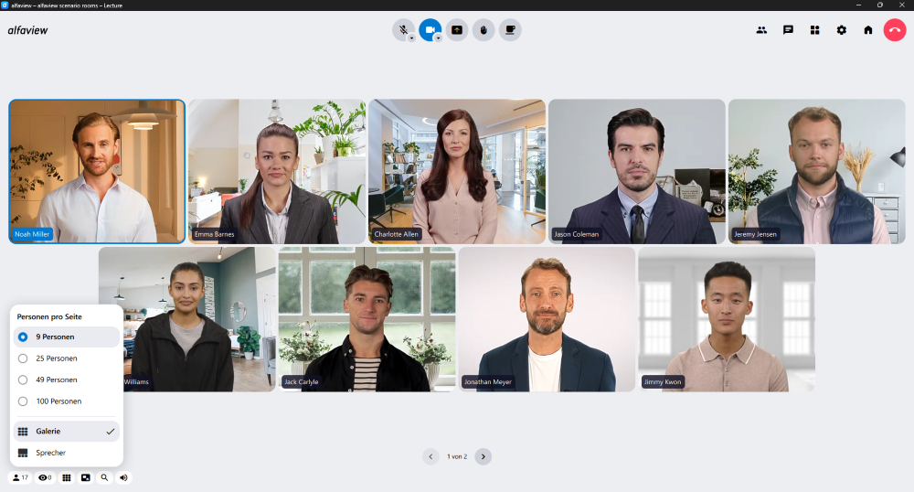 Man kann die Galerieansicht auf verschiedene Seiten aufteilen. Dabei werden die Videos von 9, 25, 49 oder 100 Personen gleichzeitig angezeigt.