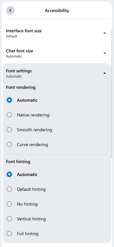 Screenshot of the accessibility settings in the alfaview app. The font can be customized using settings for rendering and hinting.
