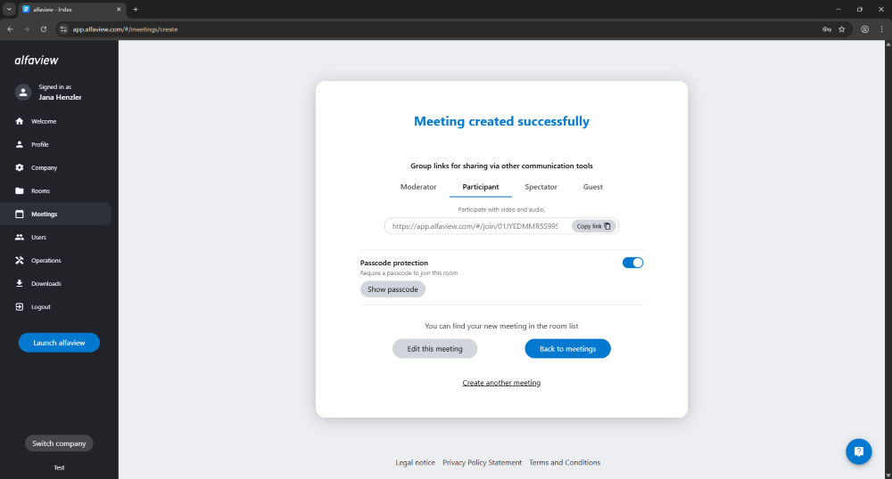 Once the meeting has been created, you will receive a group link to the meeting. You can send this link to several people with the same role.