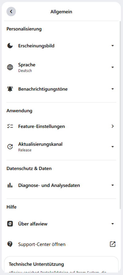 Die allgemeinen Einstellungen in der alfaview App.