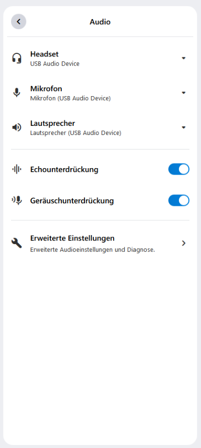 Im Audiomenü können Sie Ihre Audiogeräte anpassen. Außerdem finden Sie hier die Echo- und Geräuschunterdrückung.