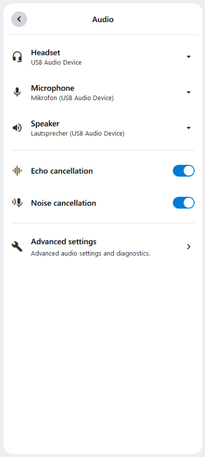 In the audio menu, you can customize your audio devices. In addition, you can find echo and noise cancellation here.