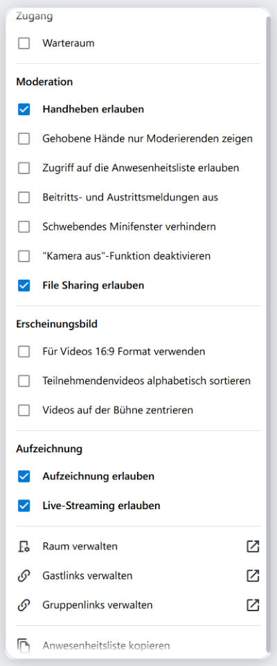Die Raum-Features sind über das Statusmenü in der alfaview-App erreichbar und können dort aktiviert bzw. deaktiviert werden.