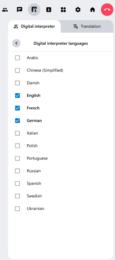 The currently available interpreting languages. Three can be selected at a time.