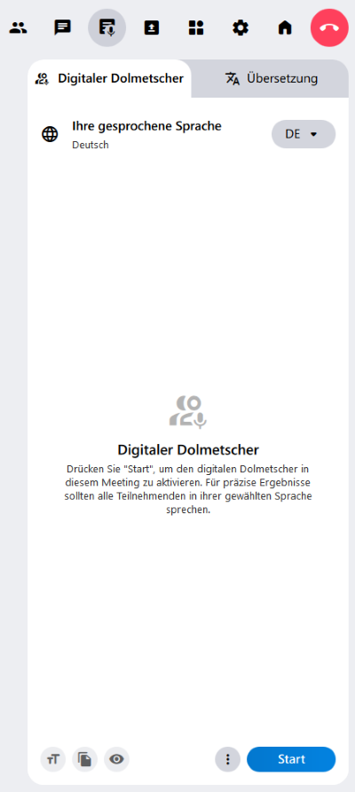 Der Reiter "Digitale Dolmetscher" im Funktionsmenü von alfaview. Hier kann man die Funktion starten. Außerdem wird das Gesprochene hier textlich übersetzt.