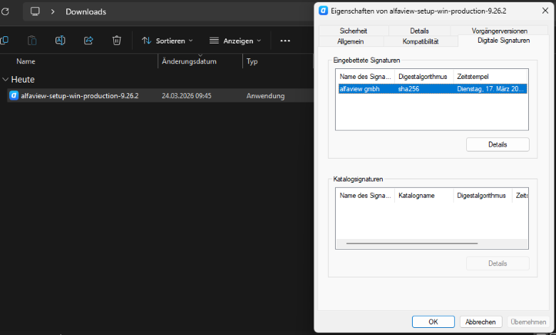 Screenshot der Downloadliste. Die Eigenschaften des alfaview App Downloads sind geöffnet.