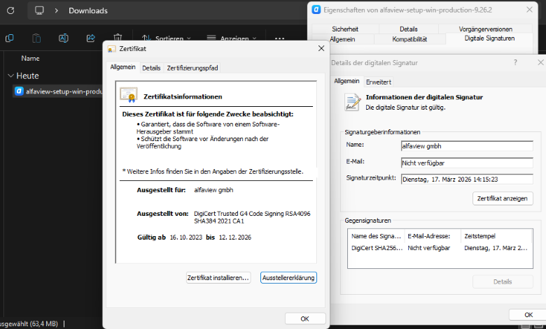 Screenshot der digitalen Signatur und des Zertifikats vom alfaview App Download.