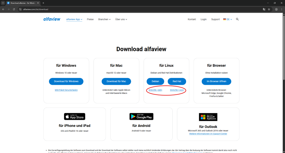 Auf der Downloadseite von alfaview ist die Prüfsumme für die Linux-Anwendung von alfaview hinterlegt.