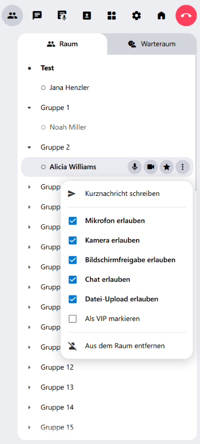Über das Kontextmenü der jeweiligen Teilnehmenden kann man auch Kurznachrichten abschicken.