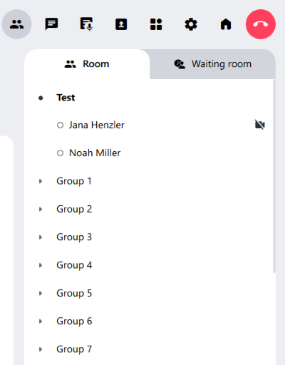 The alfaview participant list. Here you can see all rooms and subgroups as well as the people present.