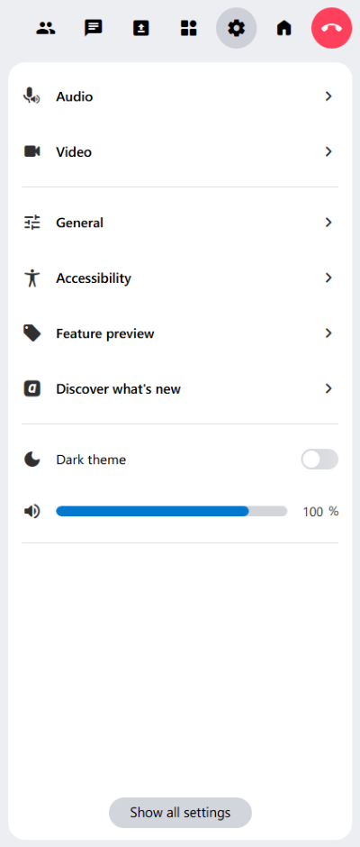 The secondary menu contains all settings that you can adjust in the room.
