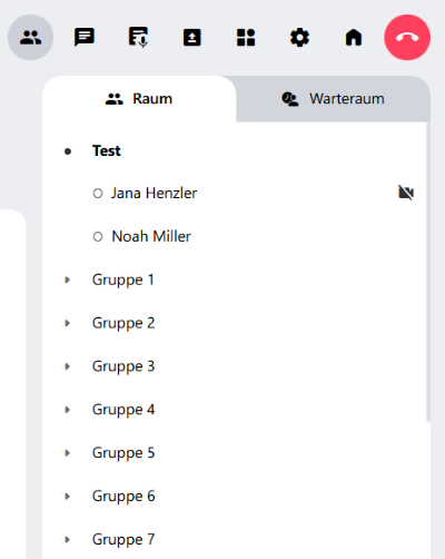 Die Teilnehmerliste von alfaview. Hier sehen Sie alle Räume und Untergruppen sowie die anwesenden Personen.