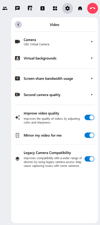 The video settings in alfaview. Here you can adjust the camera settings and backgrounds.