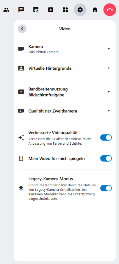 Die Videoeinstellungen von alfaview. Hier können die Kameraeinstellungen sowie Hintergründe angepasst werden.