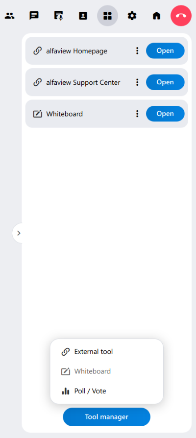 The opened toolbox. Here you can link to external websites, the whiteboard, or even votes and star ratings.