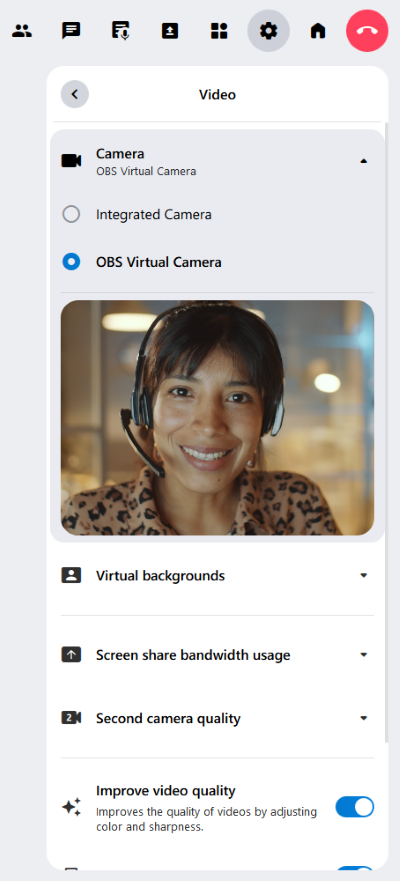 The video settings in alfaview. Here is a list of all connected cameras. You can also view a video preview and set virtual backgrounds here.