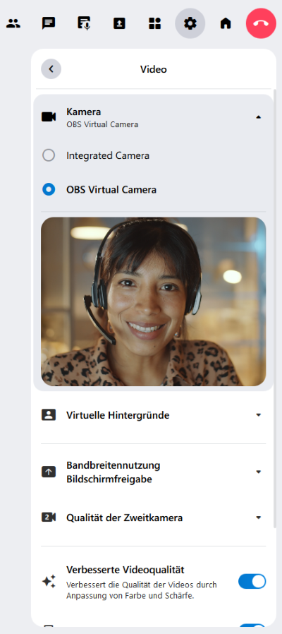 Die Videoeinstellungen in alfaview. Hier ist die Liste aller angeschlossenen Kameras. Außerdem gibt es hier die Videovorschau und virtuelle Hintergründe können eingestellt werden.