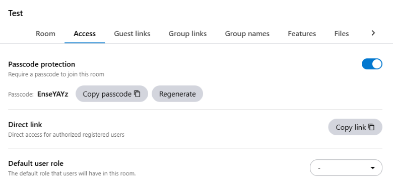 The room passcode can be activated, deactivated and updated via the room access in administration.
