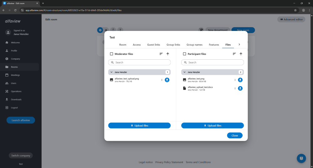 In the room management section, files can be uploaded under the “Files” tab, and participants can download them directly from the room.