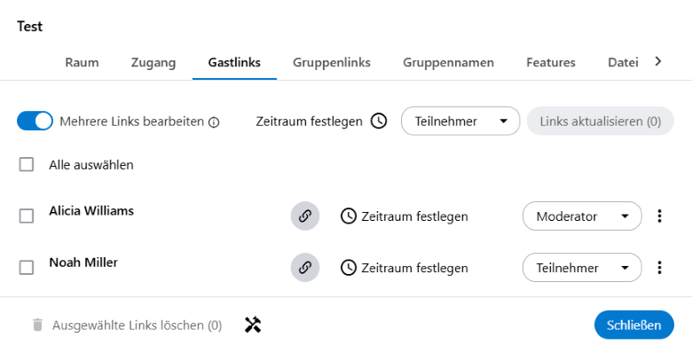 Mehrere Gastlinks können gleichzeitig bearbeitet werden. Dafür gibt es in der Raumverwaltung unter Gastlinks die Funktion "Mehrere Links bearbeiten".