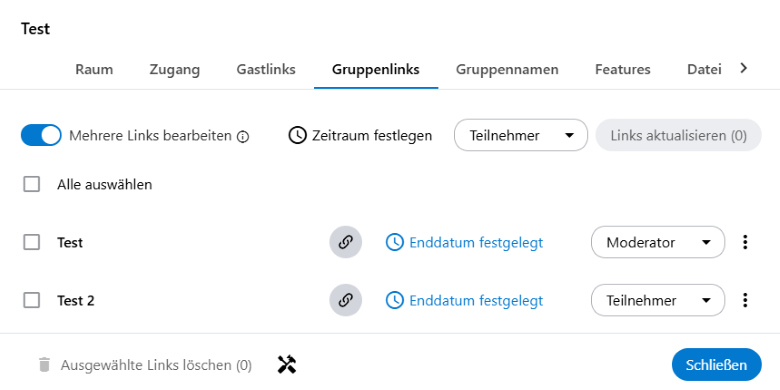 Mehrere Gruppenlinks können gleichzeitig bearbeitet werden. Dafür gibt es in der Raumverwaltung unter Gruppenlinks die Funktion "Mehrere Links bearbeiten".