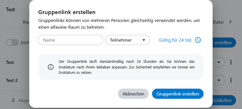Mit einem Klick auf "Gruppenlink erstellen" öffnet sich diese Maske. Hier kann man den Namen der Gruppe und die Rolle der über den Link eintretenden Personen festlegen sowie den Zeitraum, in dem der Link aktiv ist.