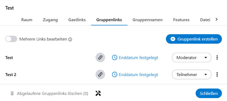 Wenn mehrere Personen mit der gleichen Rolle in den Raum eingeladen werden sollen, kann man einen Gruppenlink erstellen. In der Raumverwaltung findet man die Möglichkeit unter dem Reiter "Gruppenlinks".