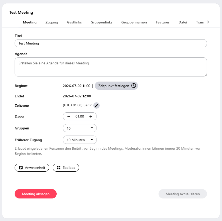 In der Bearbeitungsmaske von Meetings kann das Meeting auch abgesagt werden. Dafür gibt es einen roten Button unten links in der Maske.