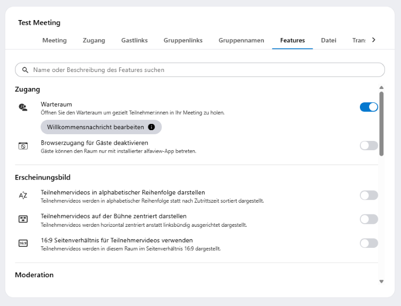Die Features können im Reiter Features bei der Bearbeitung von Meetings aktiviert und deaktiviert werden.
