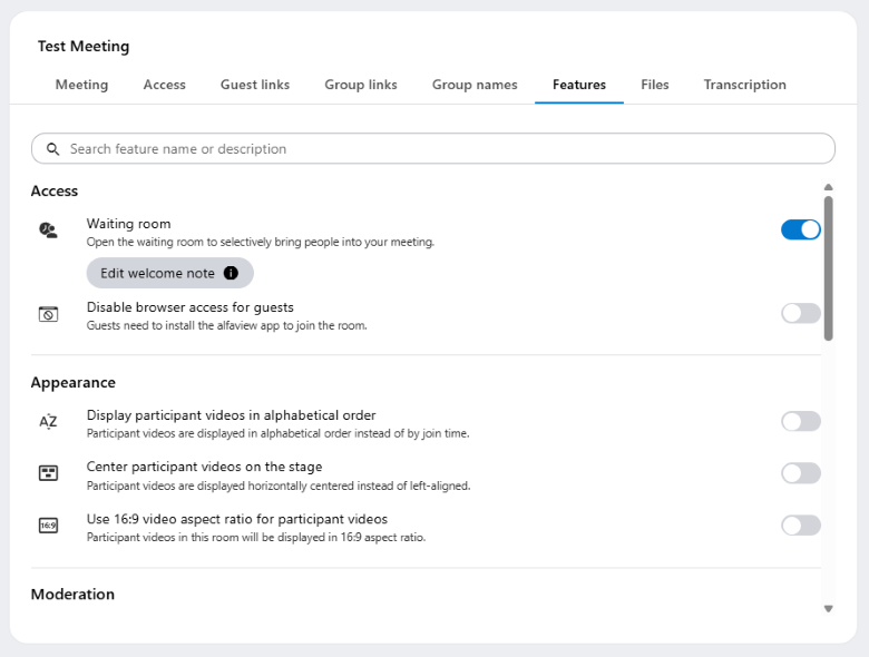 The features can be enabled and disabled in the Features tab when editing meetings.