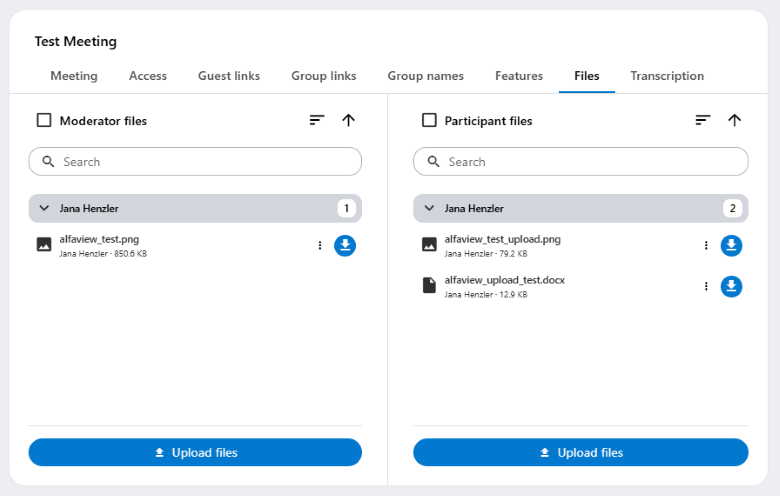 Files can be uploaded under the “Files” tab, and participants can download them directly from the meeting.